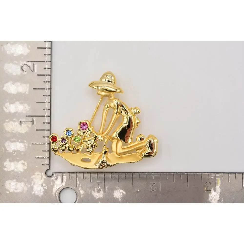 Vintage Flower Garden Pin Brooch Figural Floral Crystal Gold NOS 1980s BinA9
